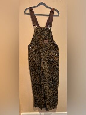Leopard Print Overalls with Brown Straps and Pockets, Women’s size Large